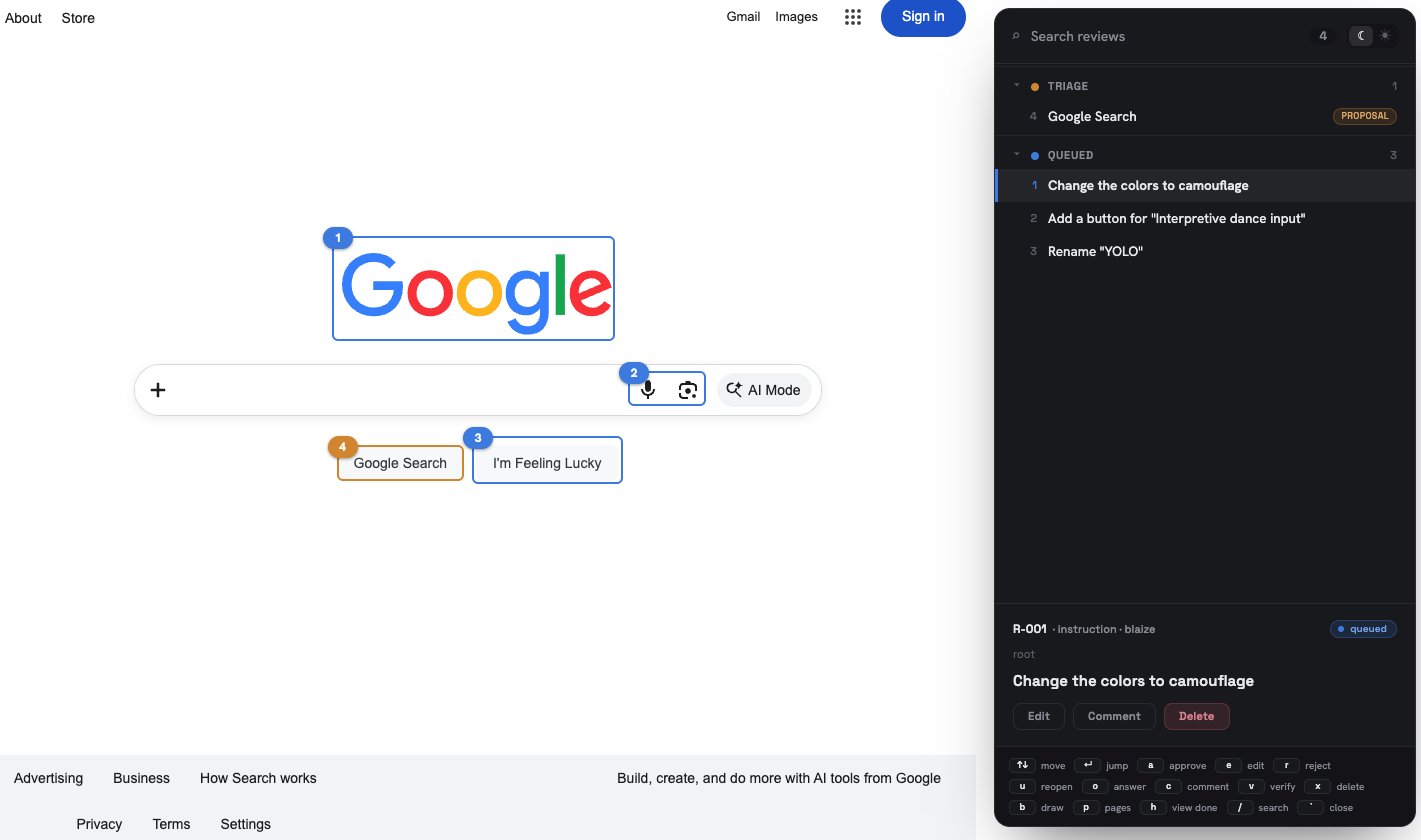 Site Redliner screenshot 1 — Human instruction, queued for the agent